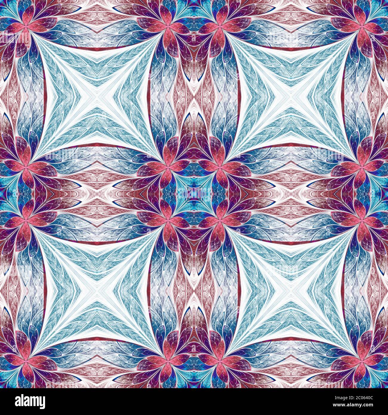 Motif floral symétrique en vitraux sur la lumière. Palette bleue, rose et violette. Graphiques générés par ordinateur. Banque D'Images