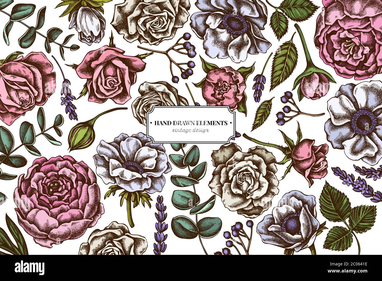 Motif floral avec roses colorées, anémone, eucalyptus, lavande, pivoine, viburnum Illustration de Vecteur
