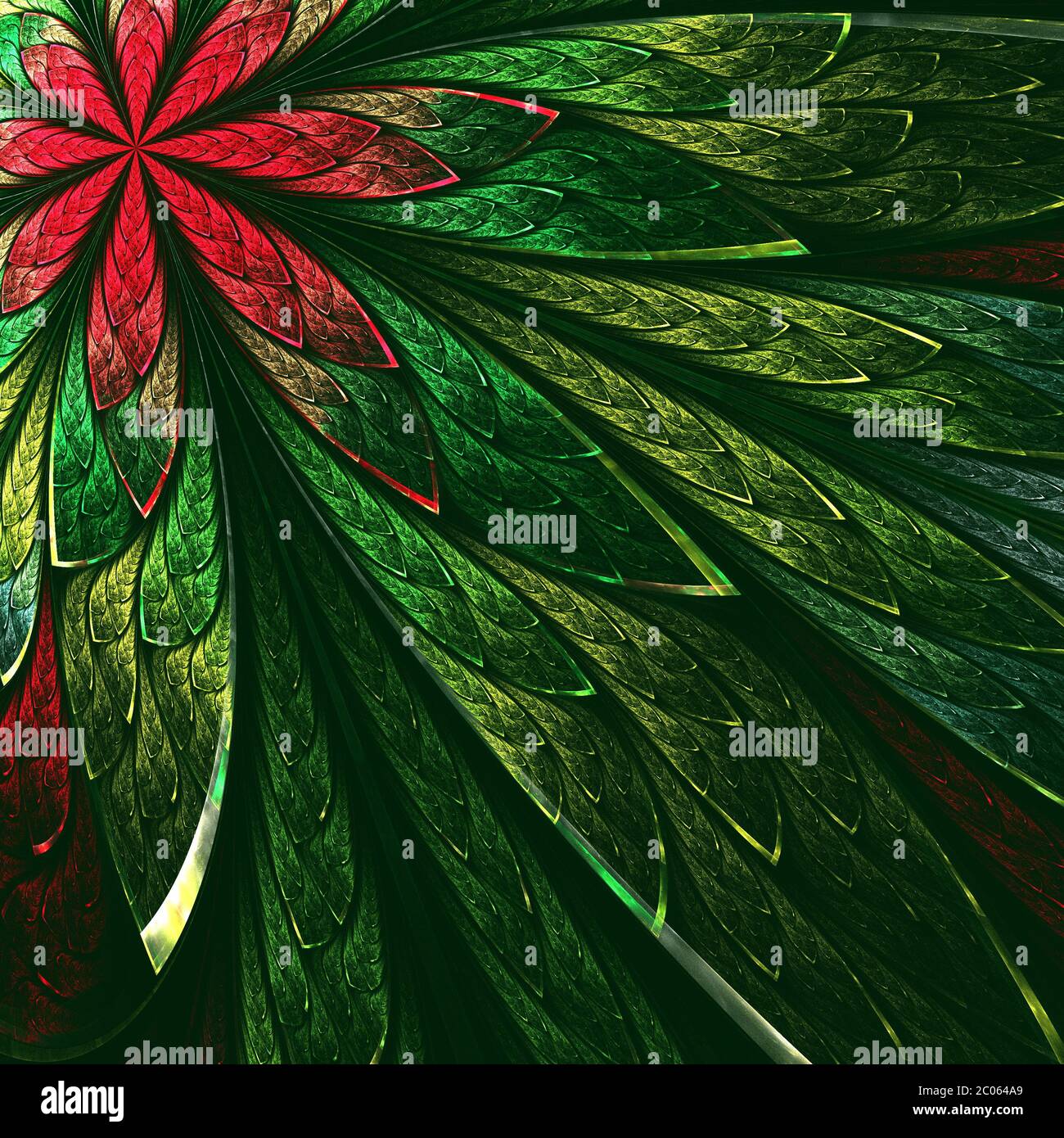Belle fleur fractale en vert et rouge. Graphiques générés par ordinateur. Banque D'Images