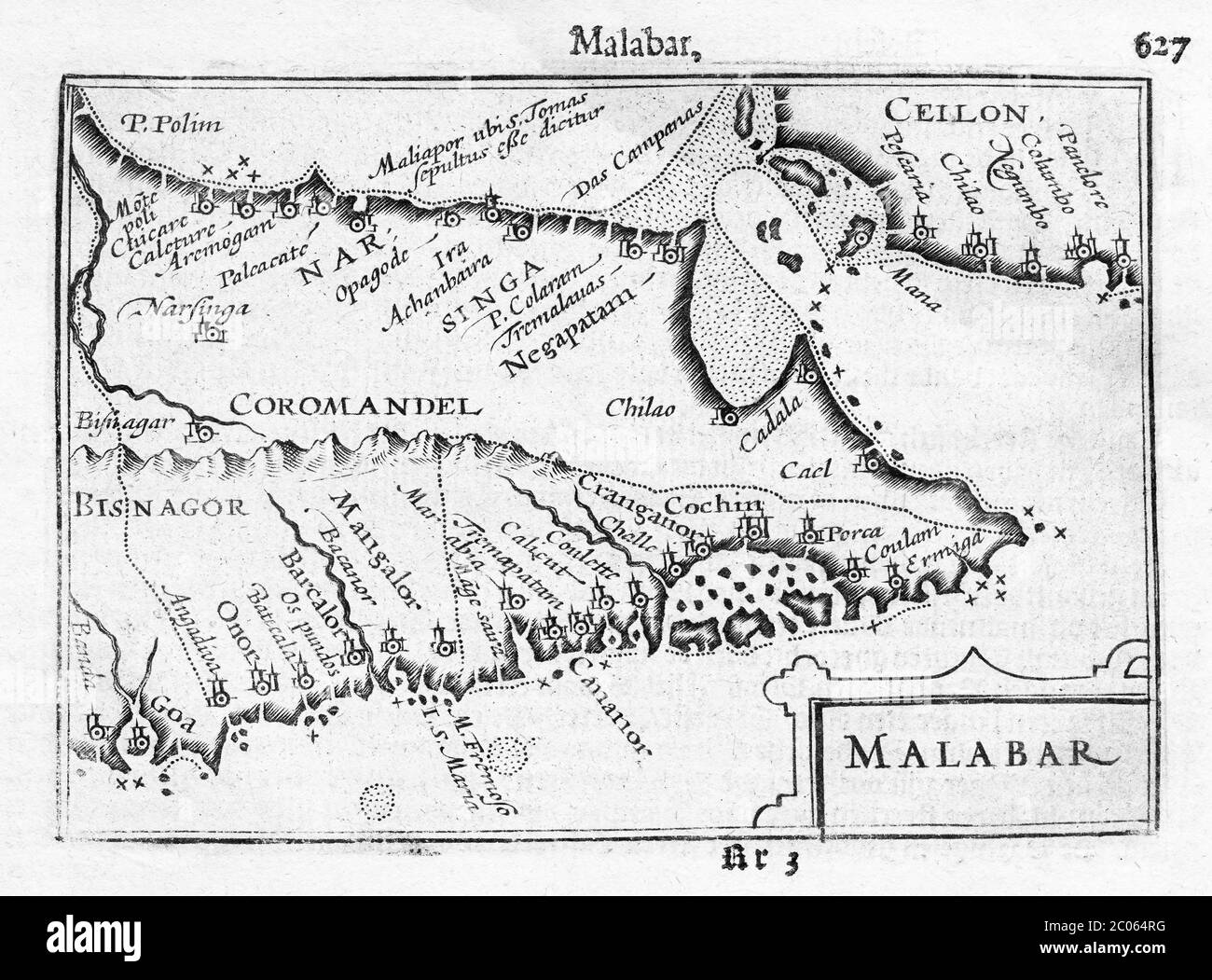 MALABAR et Coromandel Coast, Inde du Sud, carte gravée en cuivre par Petrus Bertius et Jodocus Hondius, 1616, Amsterdam, pays-Bas Banque D'Images