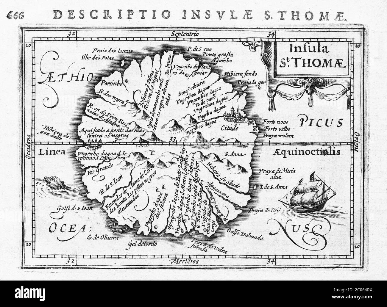 Sao Tomé, Guinée, carte gravée en cuivre par Petrus Bertius et Jodocus Hindius, 1616, Amsterdam, pays-Bas Banque D'Images