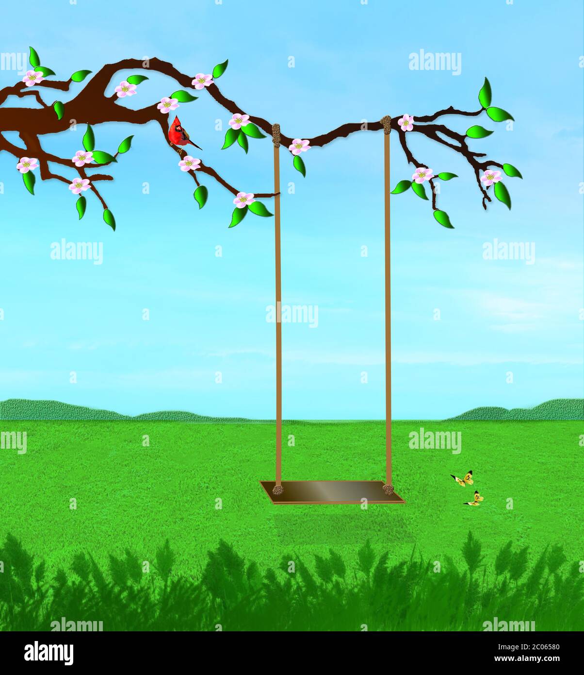 Scène graphique d'une balançoire suspendue sur une grande branche d'arbre avec des fleurs roses. Papillons et cardinal rouge inclus dans l'image. Banque D'Images