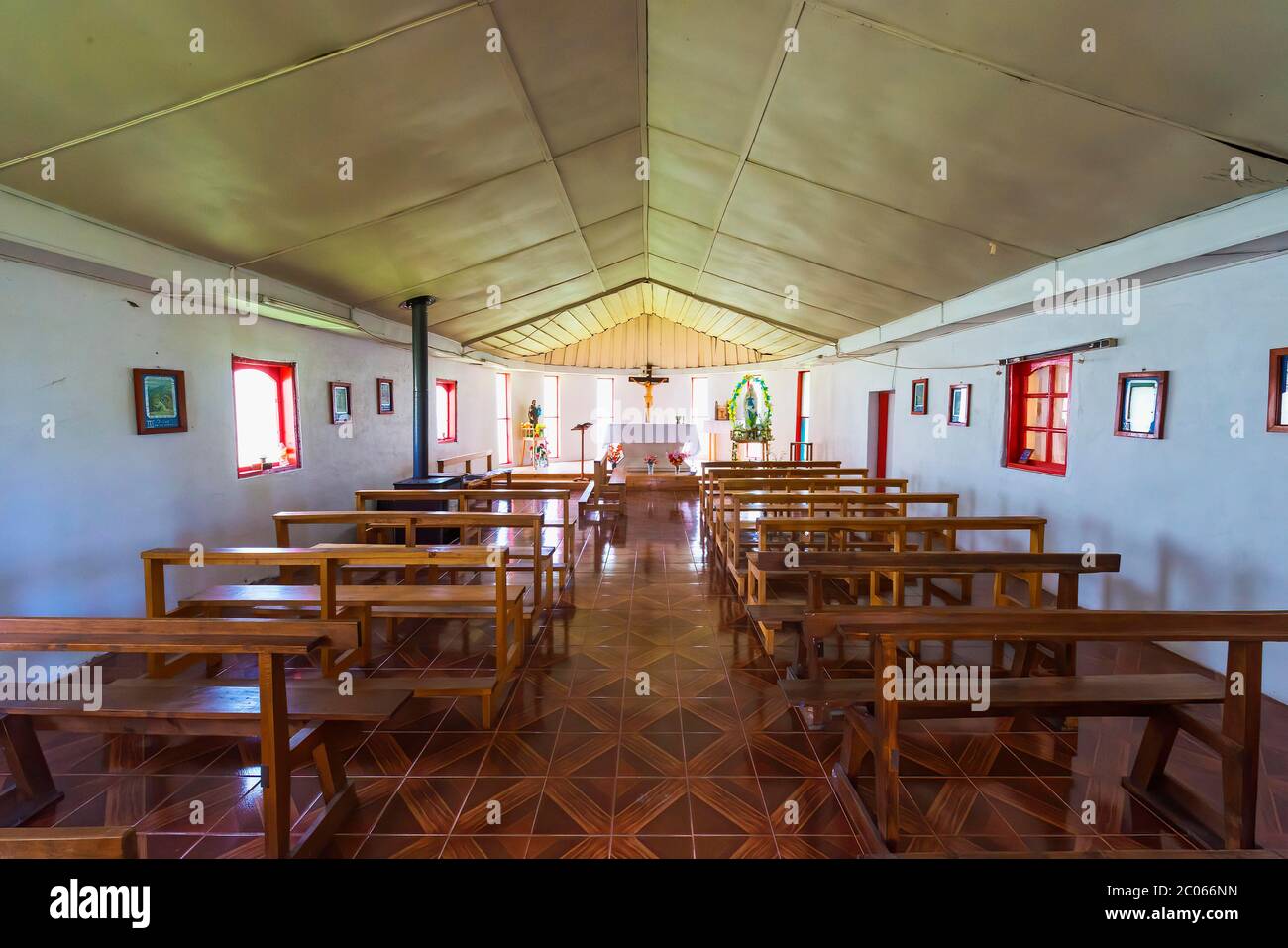 Puerto Rio Tranquilo, intérieur de l'église, Carretera Austral, région d'Aysen, Patagonie, Chili Banque D'Images