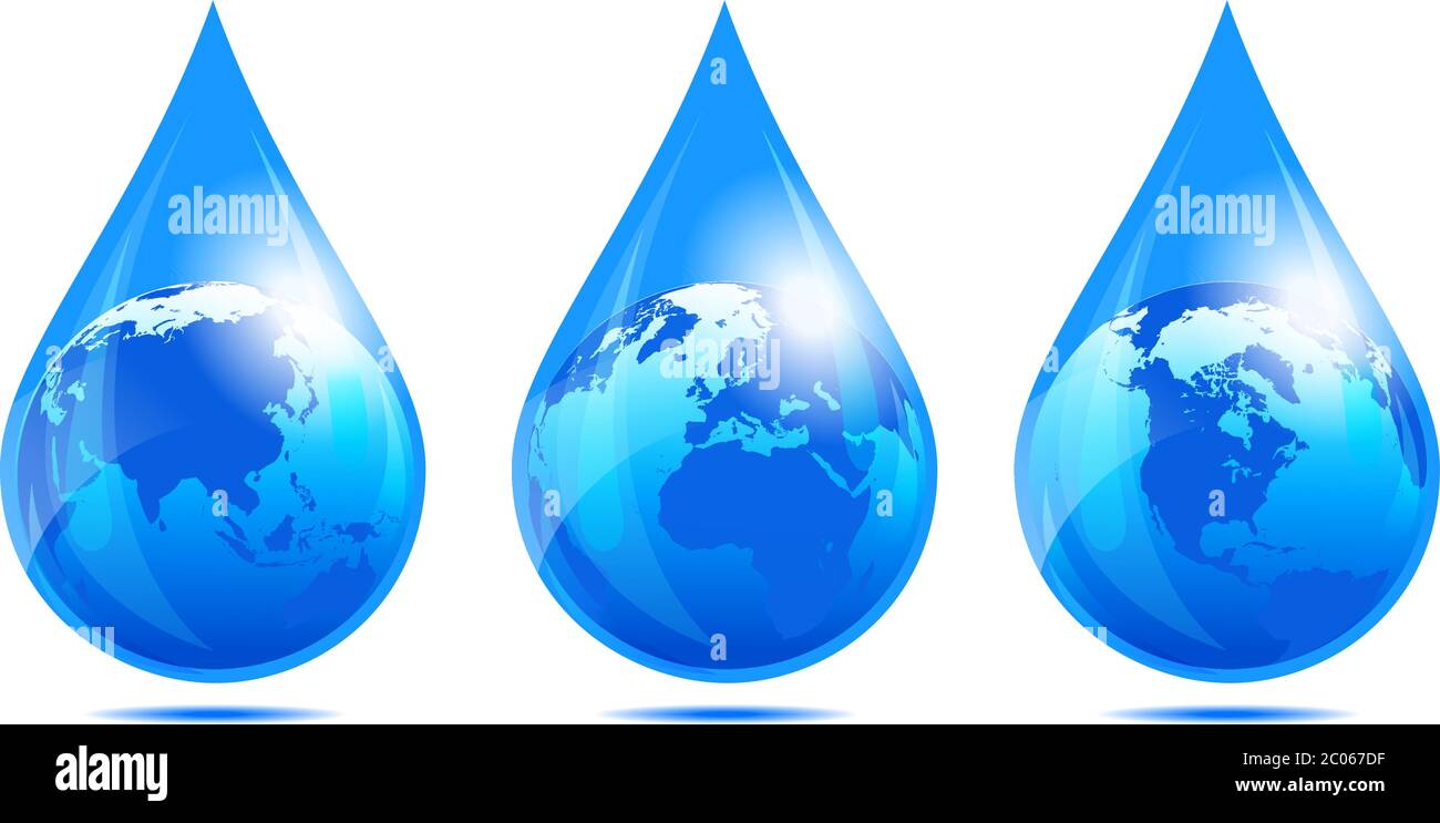 Globe européen, monde, Terre, monde africain, monde américain, goutte d'eau, icônes de goutte d'eau Illustration de Vecteur