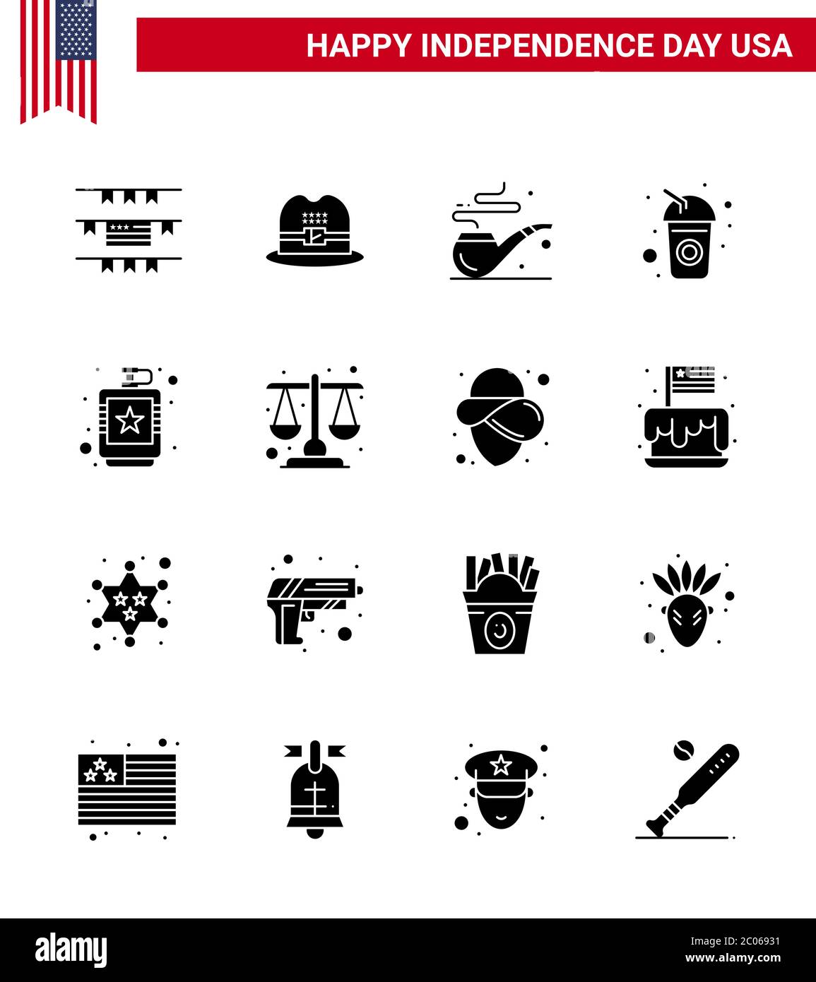 Pack d'icônes vectorielles de la journée américaine 16 symboles et signes solides en glyphe pour liquide ; flacon ; St ; boisson ; éléments de conception vectoriels de la journée des États-Unis modifiables à l'aide de boissons gazeuses Illustration de Vecteur