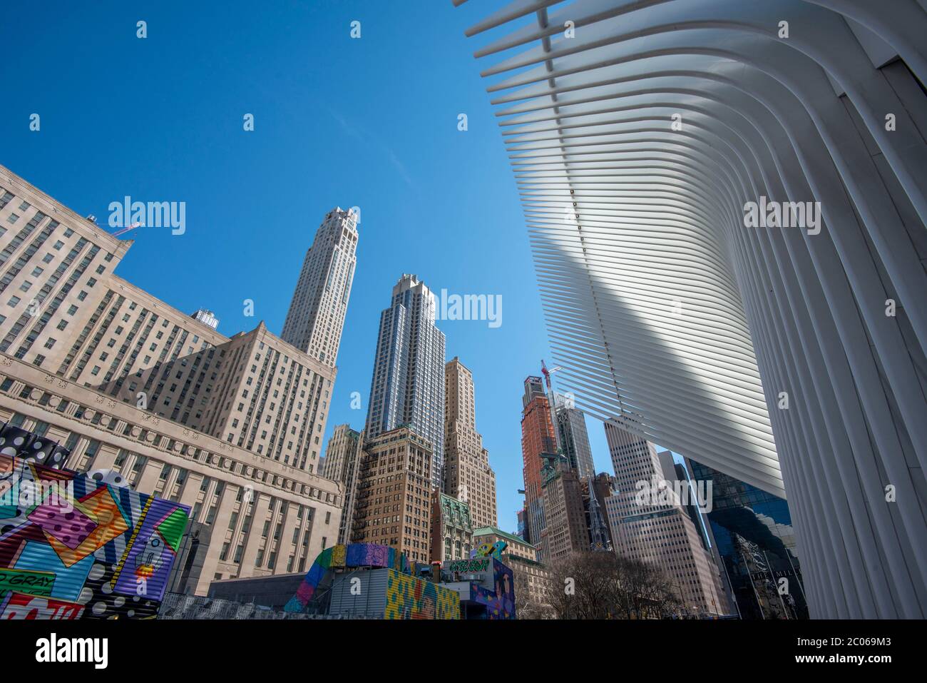 Station de métro Oculus et gratte-ciels, World Trade Center Transportation Hub, métro de New York, Ground Zero, World Trade Center, New York City Banque D'Images