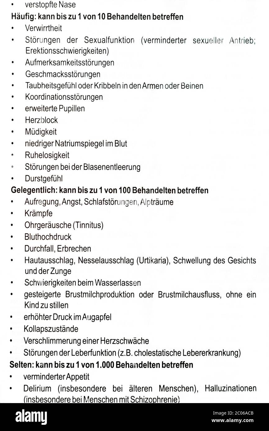 Effets secondaires courants sur la fiche d'information allemande du patient: Packungsbeilage nebenwirkungen. Banque D'Images