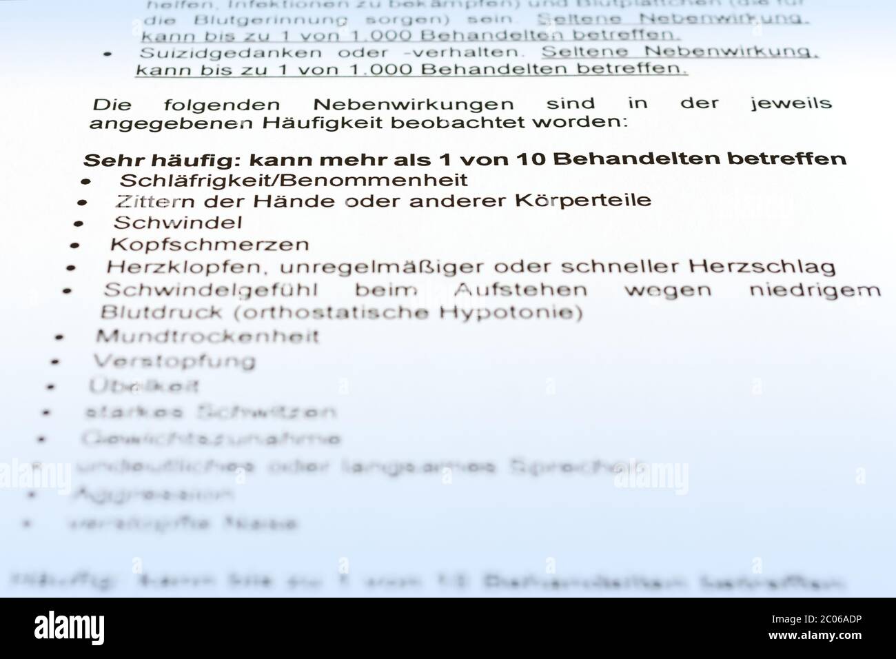 Effets secondaires courants sur la fiche d'information allemande du patient: Packungsbeilage nebenwirkungen. Banque D'Images