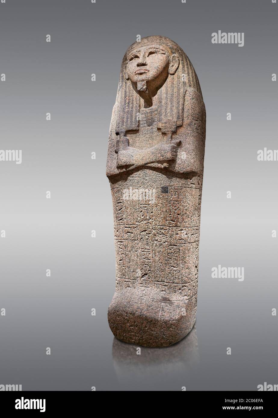 Sarcophage égyptien ancien couvercle de Djehutymes, granit rose, 19e dynastie (1279-1213 av. J.-C.) Thèbes, Khokha, TT32. Musée égyptien, Turin. Fond gris Banque D'Images