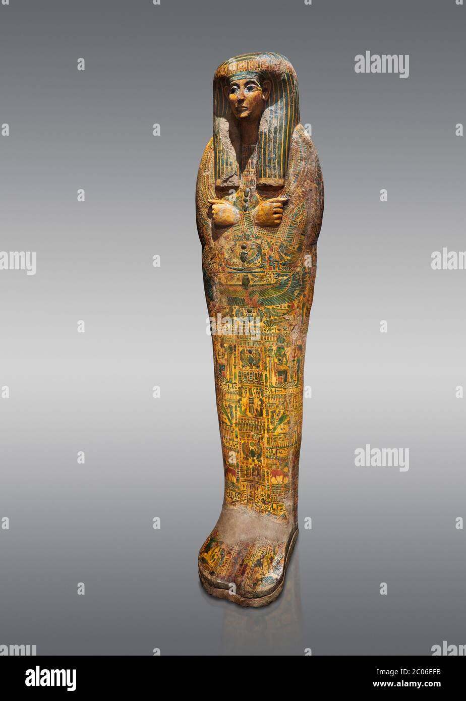 Sarcophage égyptien antique, Thèbes, fin de la 21e dynastie, Musée égyptien, Turin. Fond gris Banque D'Images