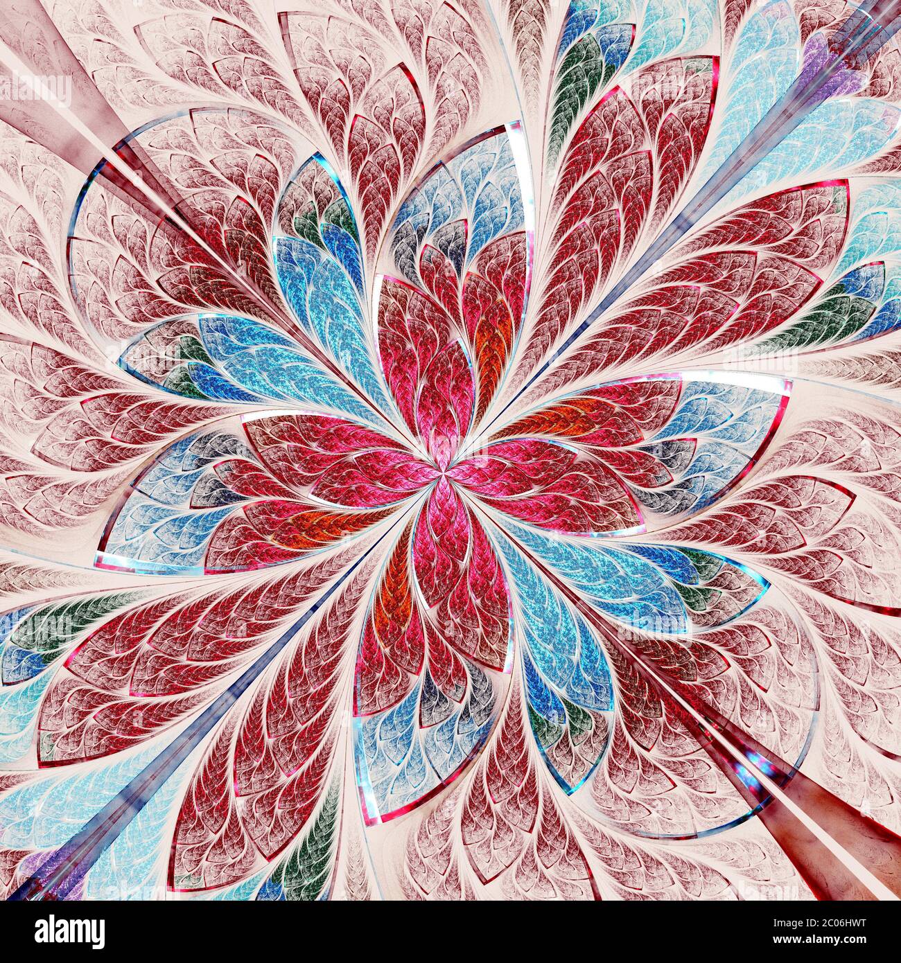 Motif floral symétrique de style vitrail. Palette bleue et violette. Graphiques générés par ordinateur. Banque D'Images