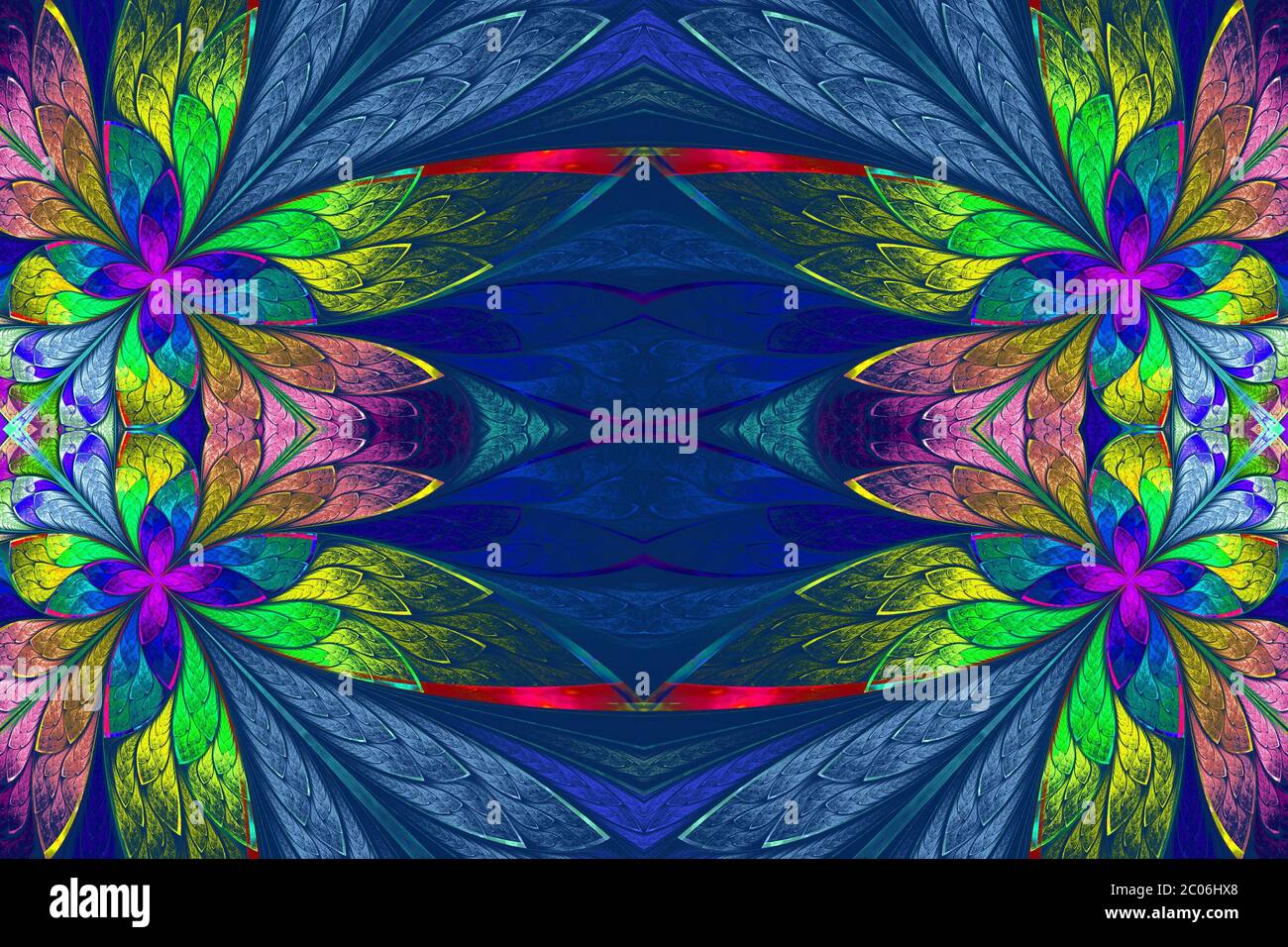 Motif floral multicolore symétrique de style vitrail sur fond bleu. Graphiques générés par ordinateur. Banque D'Images