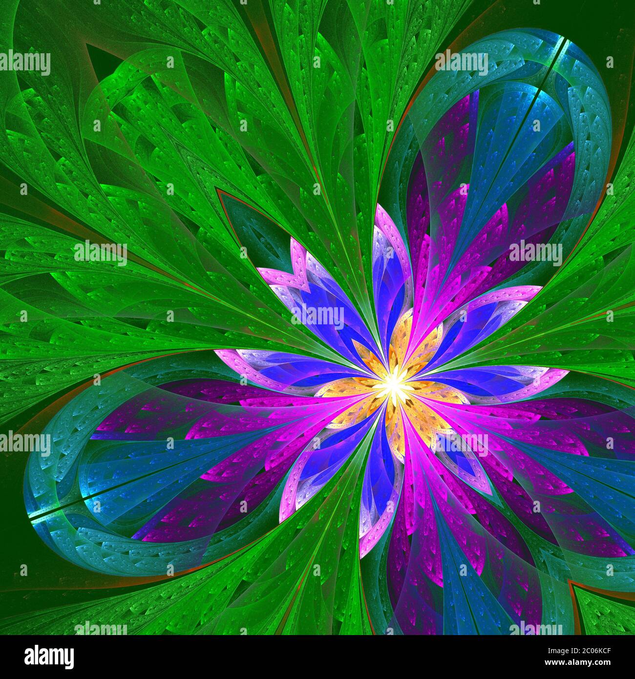 Fleur fractale multicolore en vert, violet et bleu. Graphiques générés par ordinateur. Banque D'Images
