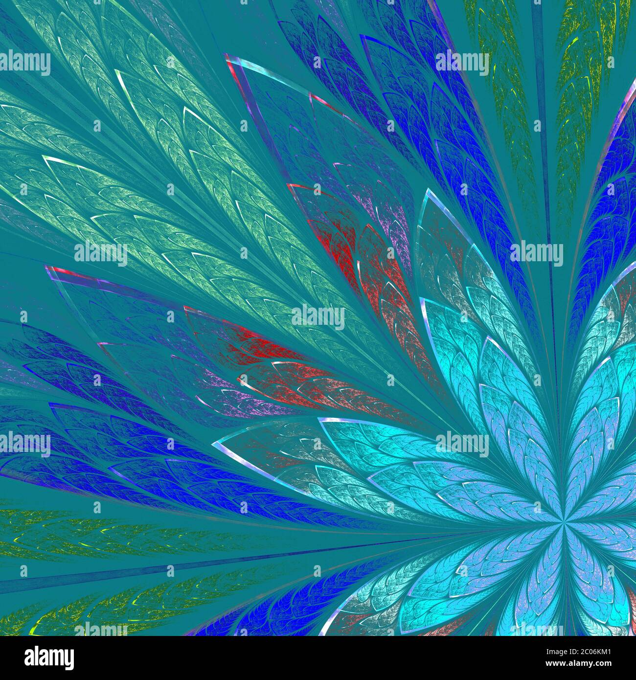 Fleur fractale multicolore sur fond bleu. Graphiques générés par ordinateur. Banque D'Images