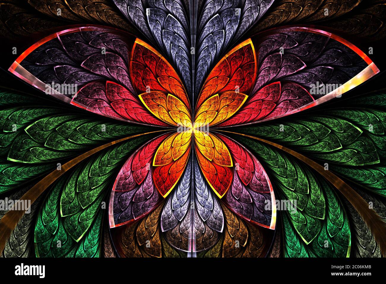 Motif fractal symétrique multicolore comme fleur et papillon dans le style vitrail. Graphiques générés par ordinateur. Banque D'Images