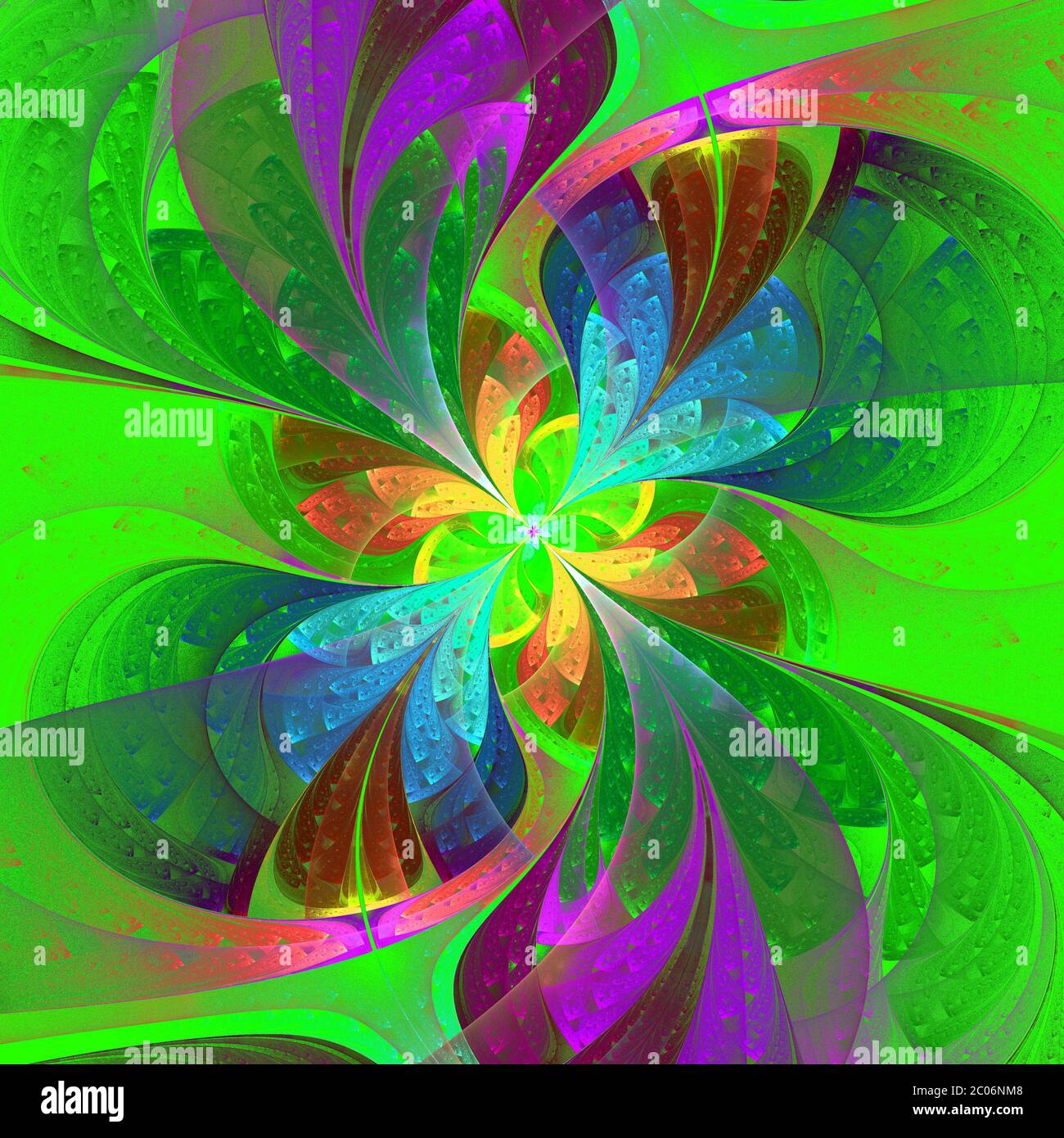 Fleur fractale multicolore sur fond vert. Graphiques générés par ordinateur. Banque D'Images