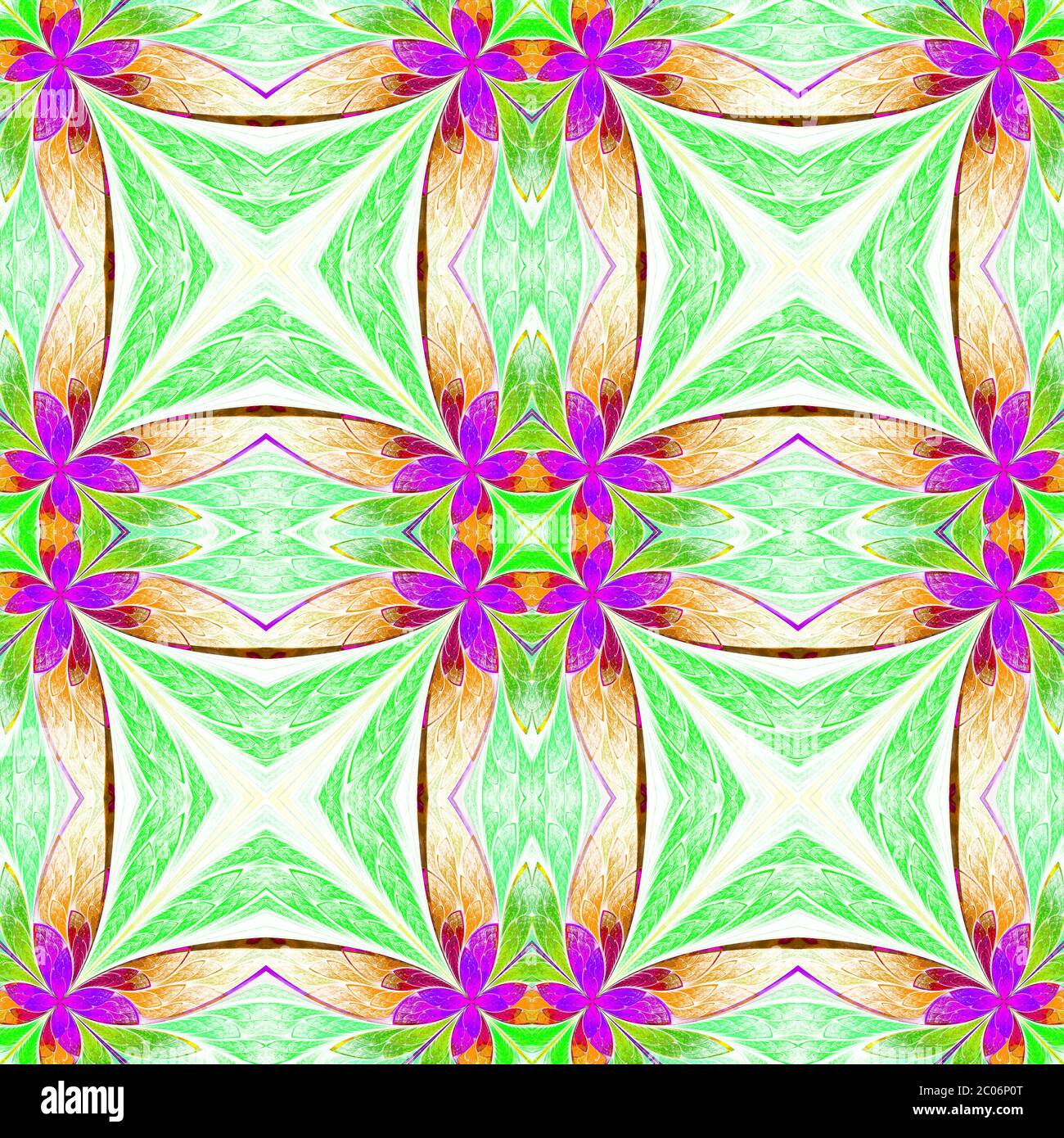 Motif floral symétrique en vitraux sur la lumière. Palette verte, violette et marron. Graphiques générés par ordinateur Banque D'Images