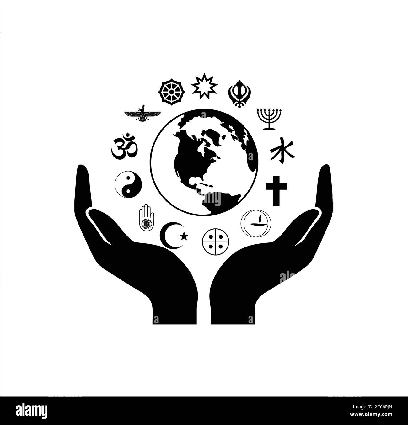 Symboles de religion du monde avec mains ouvertes et silhouette de globe terrestre Illustration de Vecteur
