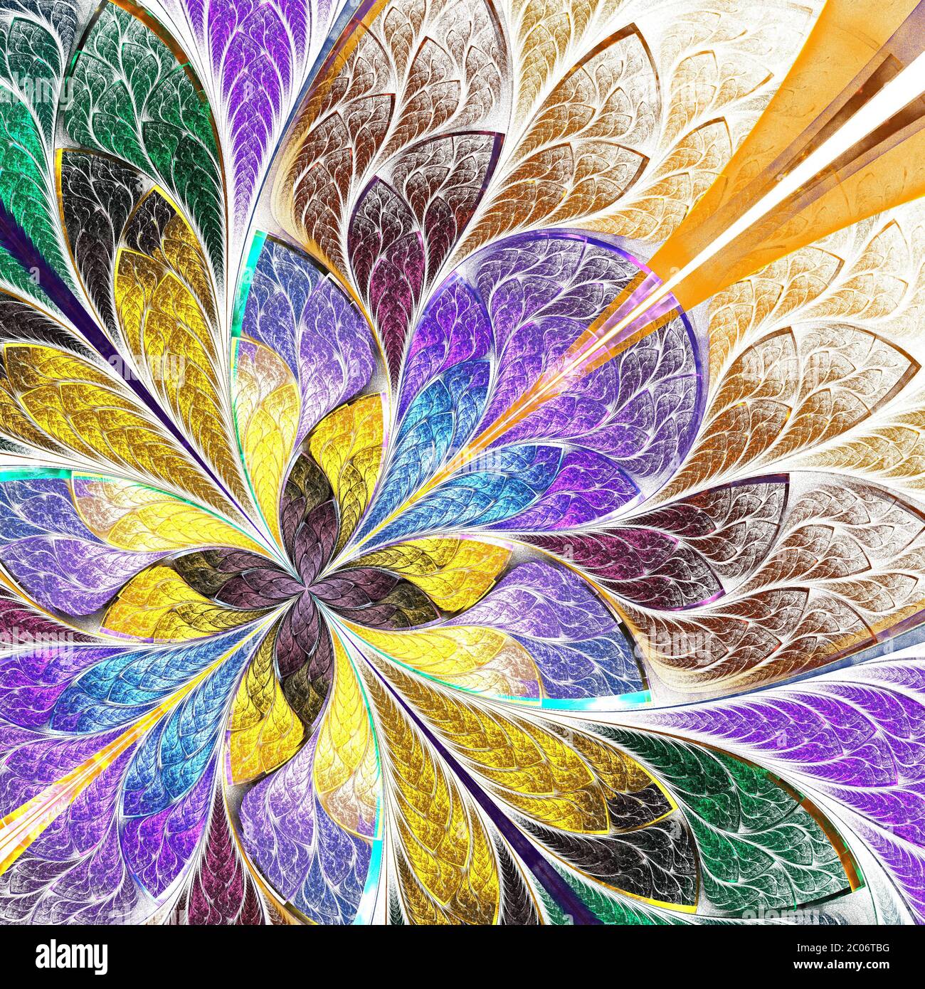 Motif floral symétrique de style vitrail. Palette bleue, verte et jaune. Graphiques générés par ordinateur. Banque D'Images