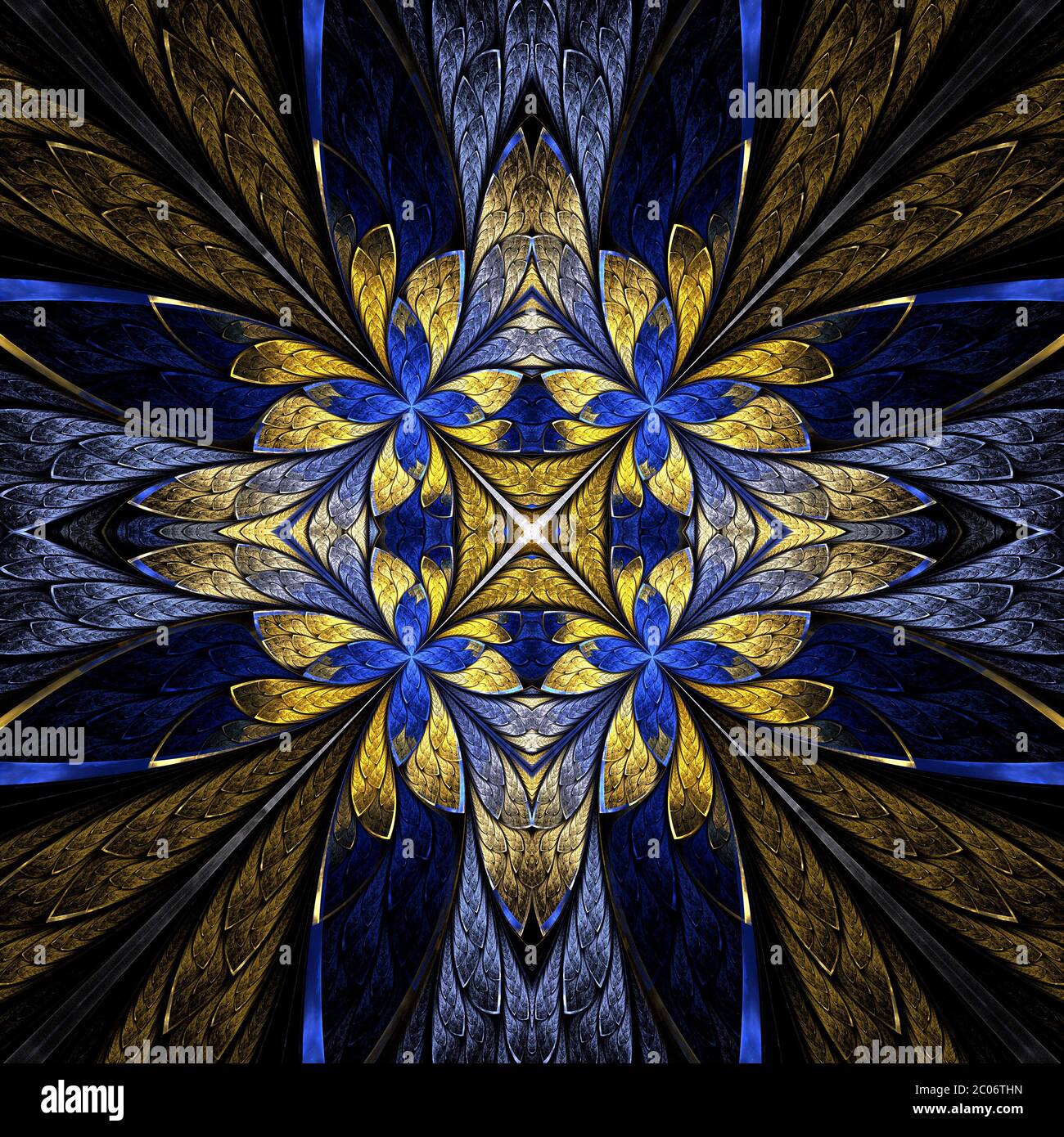 Motif floral symétrique en vitraux sur fond noir. Palette beige et bleu. Graphiques générés par ordinateur. Banque D'Images