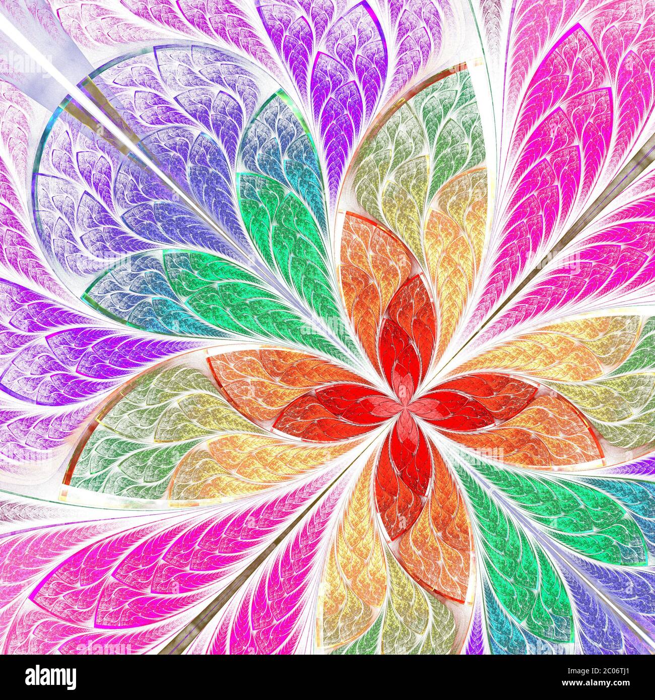 Belle fleur fractale multicolore dans le style de fenêtre en vitraux. Graphiques générés par ordinateur. Banque D'Images