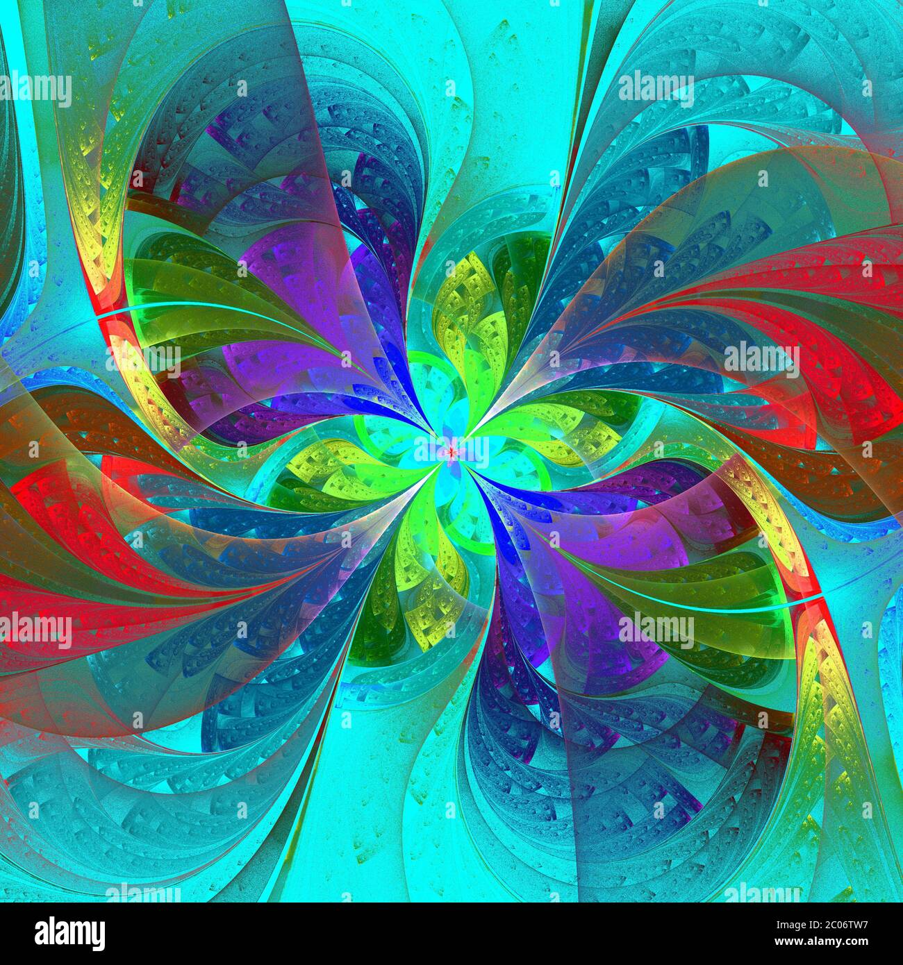 Fleur fractale multicolore sur fond vert. Graphiques générés par ordinateur. Banque D'Images