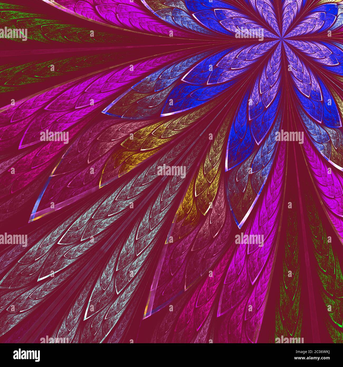 Fleur fractale multicolore sur fond vineux. Graphiques générés par ordinateur. Banque D'Images