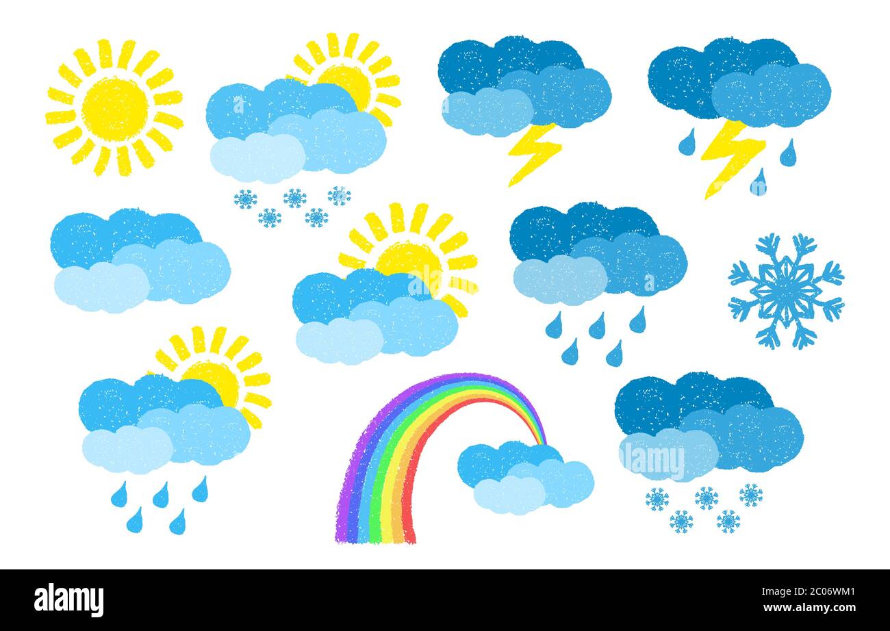 Ensemble d'icônes météo dessinées à la main, peintes avec des crayons pastel à l'huile Illustration de Vecteur