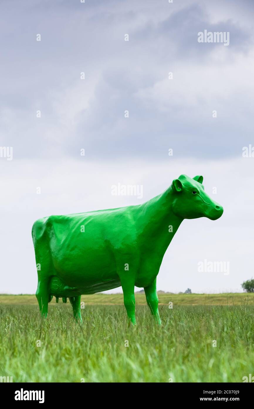 Vache en plastique pleine grandeur peinte en vert dans un pré avec ciel nuageux aux pays-Bas. Image verticale Banque D'Images