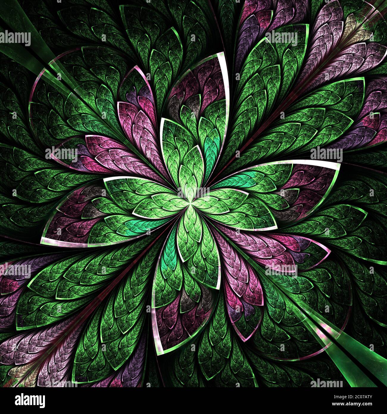 Motif floral symétrique de style vitrail. Palette verte et violette. Graphiques générés par ordinateur. Banque D'Images