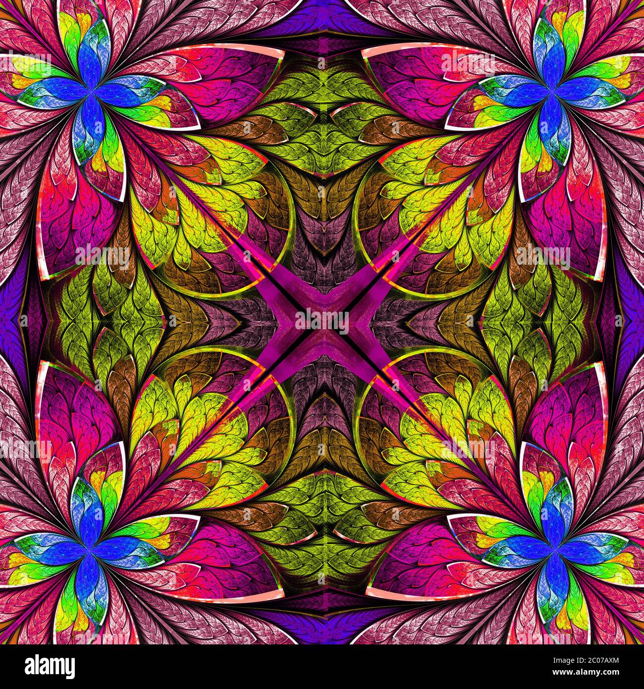 Multicolore magnifique fractal en vitraux. Graphiques générés par ordinateur. Banque D'Images