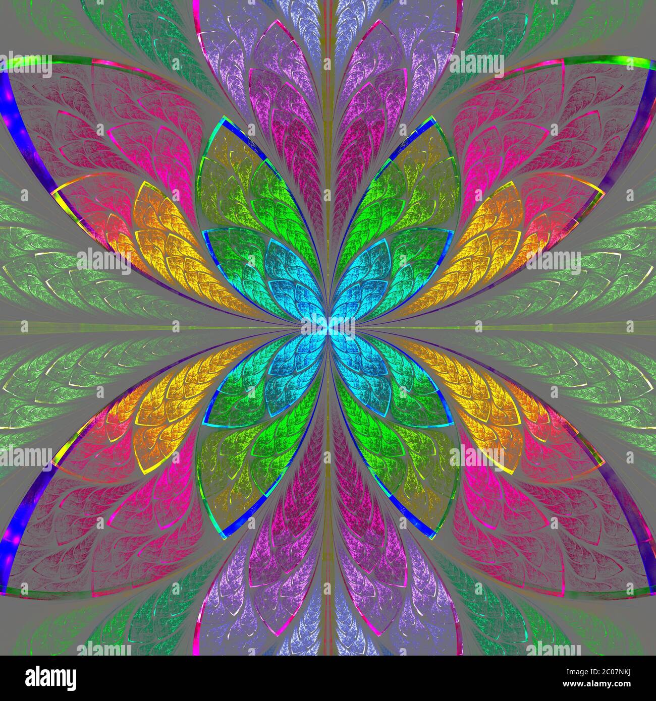 Fleur fractale multicolore symétrique en verre teinté. Graphiques générés par ordinateur. Banque D'Images