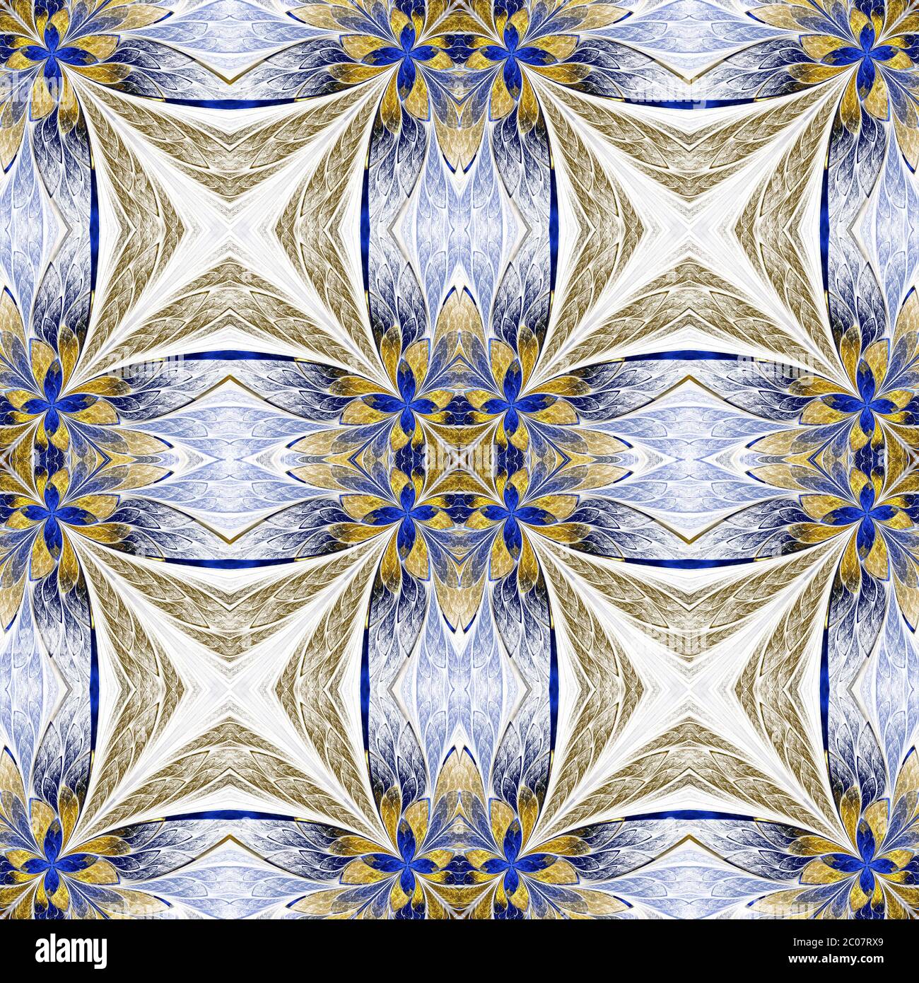 Motif floral symétrique en vitraux sur la lumière. Palette beige et bleu. Graphiques générés par ordinateur. Banque D'Images