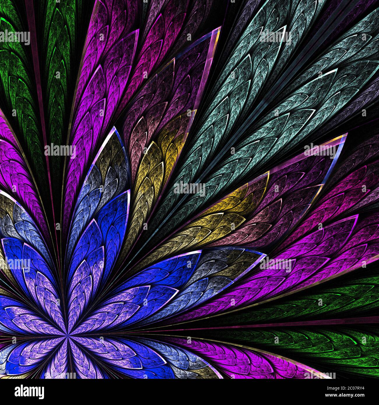 Fleur fractale multicolore sur fond noir. Graphiques générés par ordinateur. Banque D'Images