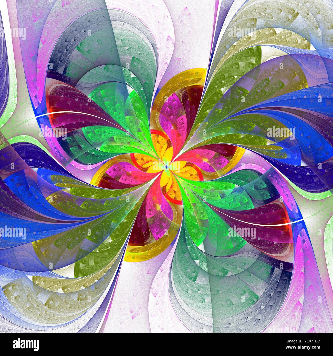 Fleur fractale multicolore sur fond blanc. Graphiques générés par ordinateur. Banque D'Images