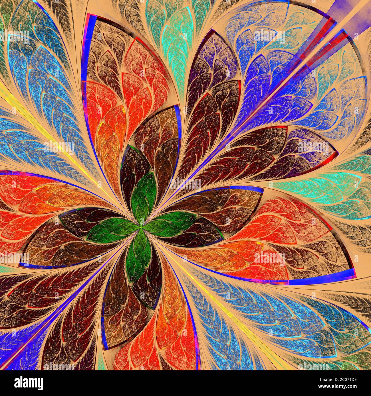 Belle fleur fractale multicolore en vitraux. Graphiques générés par ordinateur. Banque D'Images
