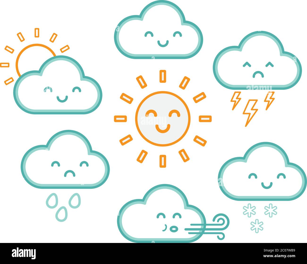 Symboles de temps de dessin animé kawaii avec visages. Illustration vectorielle pour enfants du soleil, des nuages, de la pluie, de la neige, du vent et du tonnerre. Icônes de nuage bleu outl Illustration de Vecteur