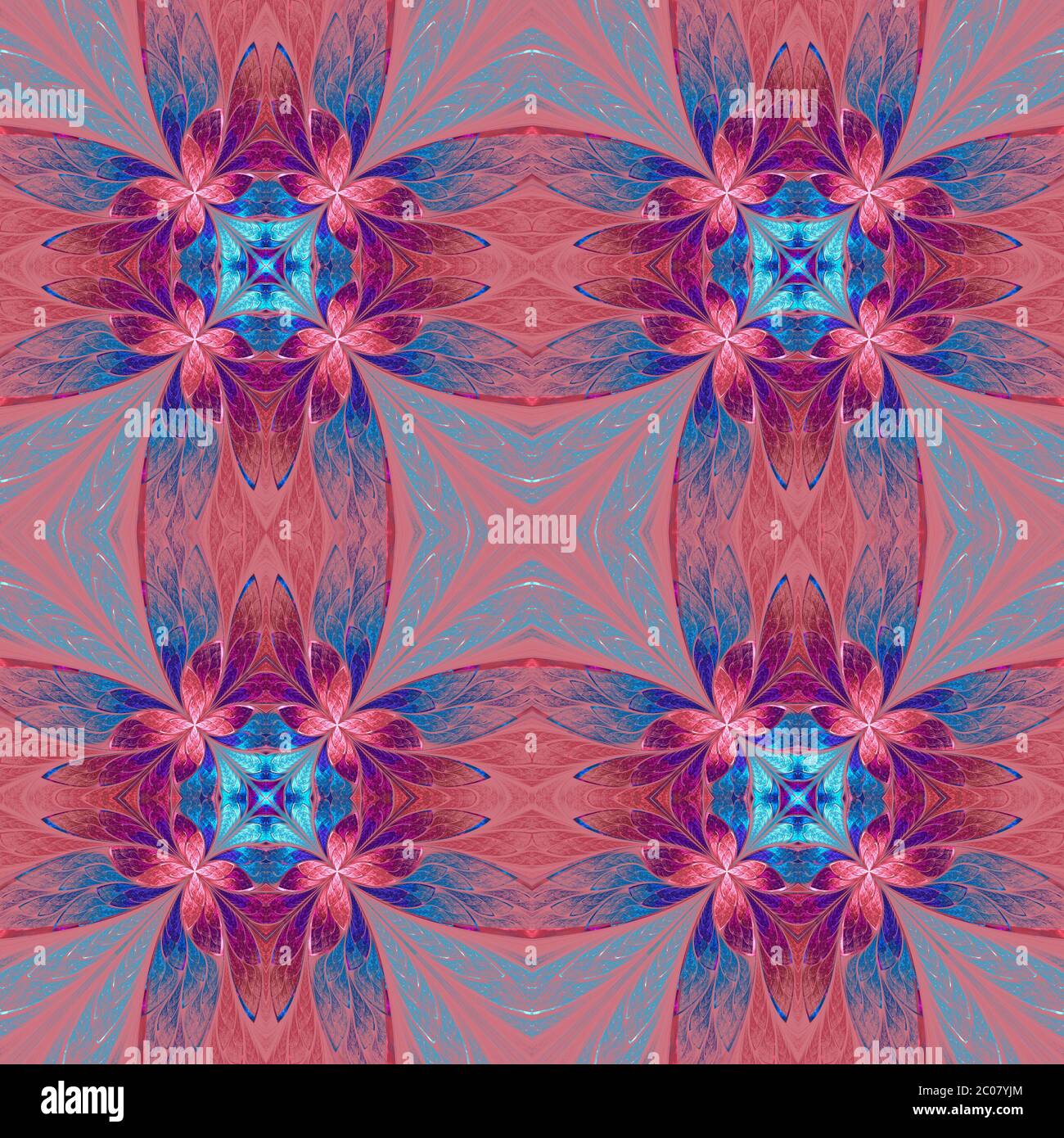 Motif floral symétrique en vitraux sur rose. Palette bleue, rose et violette. Graphiques générés par ordinateur. Banque D'Images