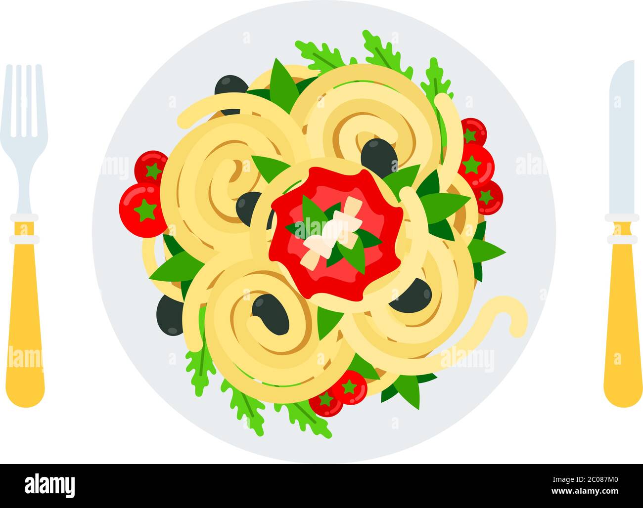 Pâtes avec légumes dans une assiette plate icône vecteur isolé Illustration de Vecteur