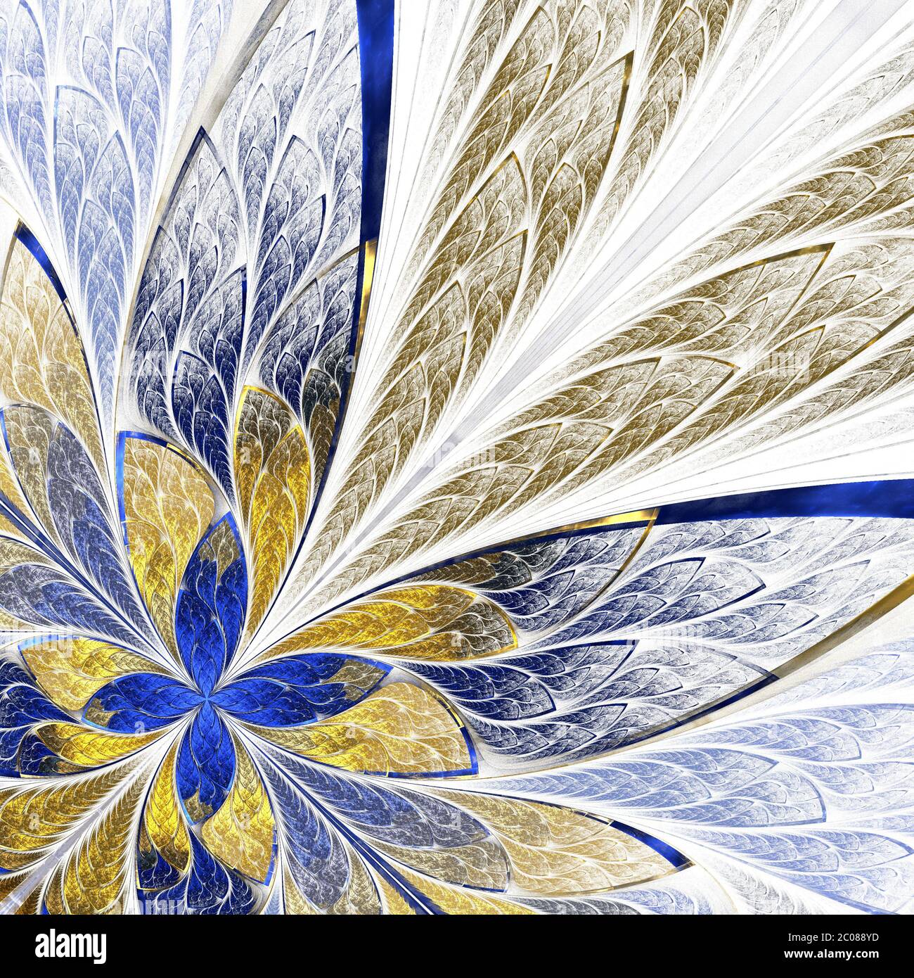 Fleur fractale ou papillon en vitrail style fenêtre sur lumière. Palette beige et bleu. Graphiques générés par ordinateur. Banque D'Images