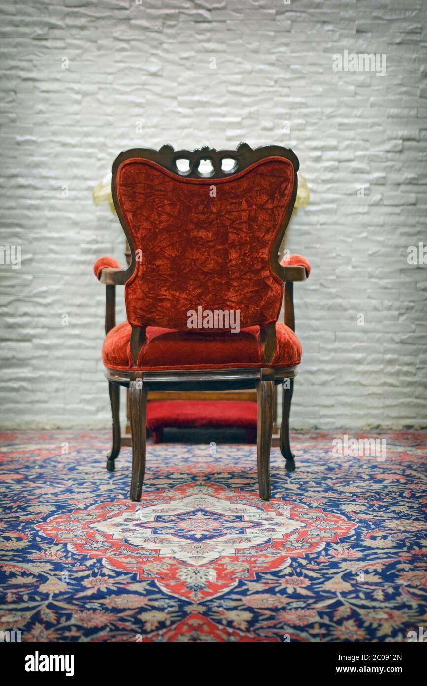 LA CHAISE DE REBBE. La chaise utilisée par le Lubavitcher Rebbe dans la synagogue principale de la promenade de l'est en 770. Crown Heights, Brooklyn, New York. Banque D'Images