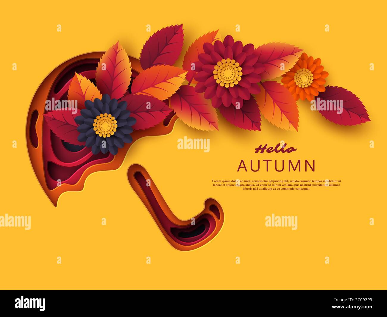 Parapluie de papier d'automne coupé avec feuilles et fleur Illustration de Vecteur
