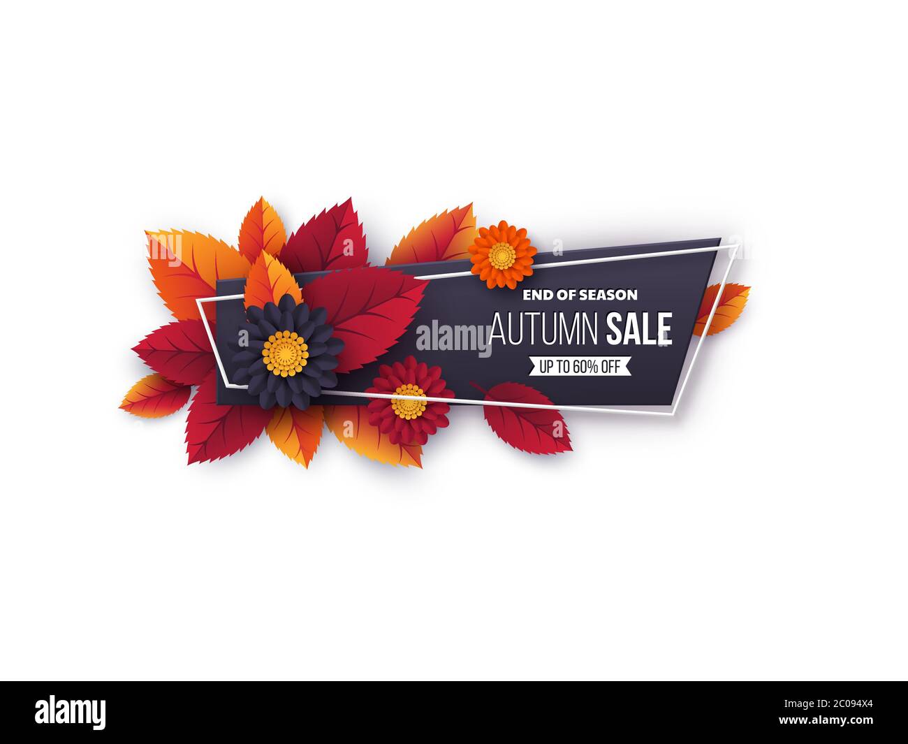 Bannière de vente d'automne avec feuilles et fleurs. Illustration de Vecteur
