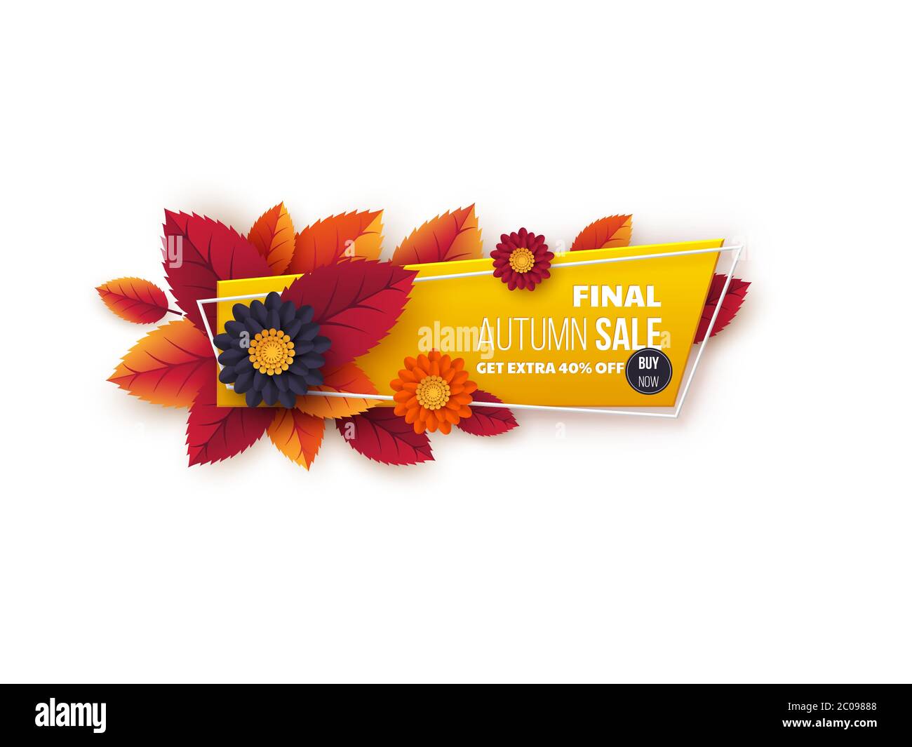 Bannière de vente d'automne avec feuilles et fleurs. Illustration de Vecteur