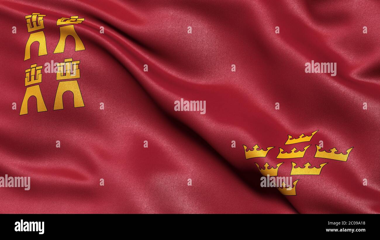 Drapeau de la région de Murcie agitant dans le vent. Illustration 3D. Banque D'Images