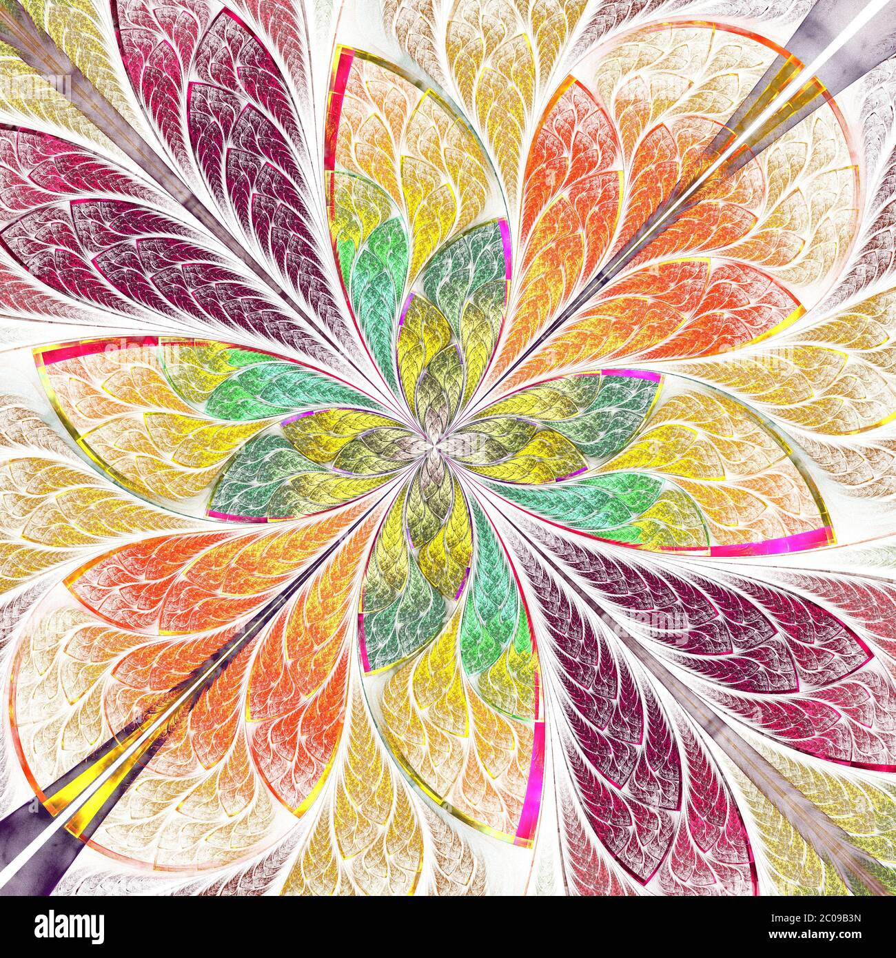 Motif floral symétrique de style vitrail. Palette verte, jaune et marron. Graphiques générés par ordinateur. Banque D'Images