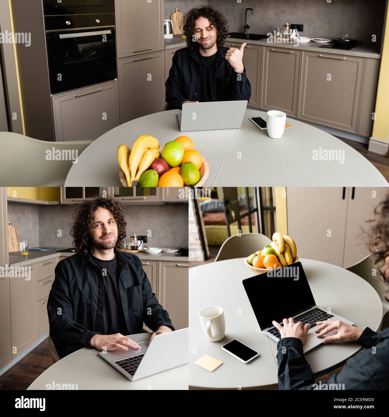 Collage de freelance montrant comme un geste tout en utilisant un ordinateur portable dans la cuisine Banque D'Images