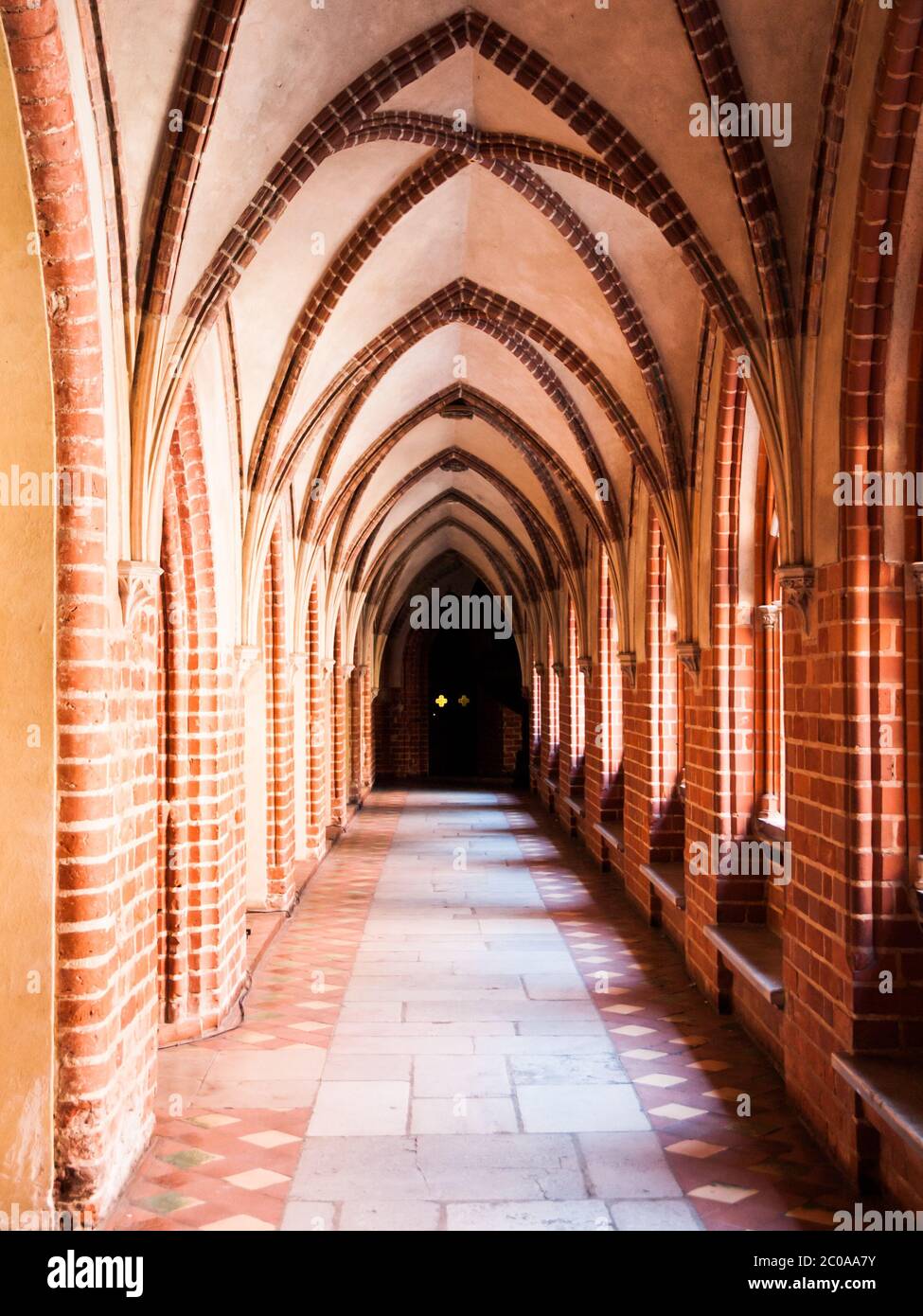 Cloître du château médiéval avec plafond de voûte de la nervure gothique Banque D'Images