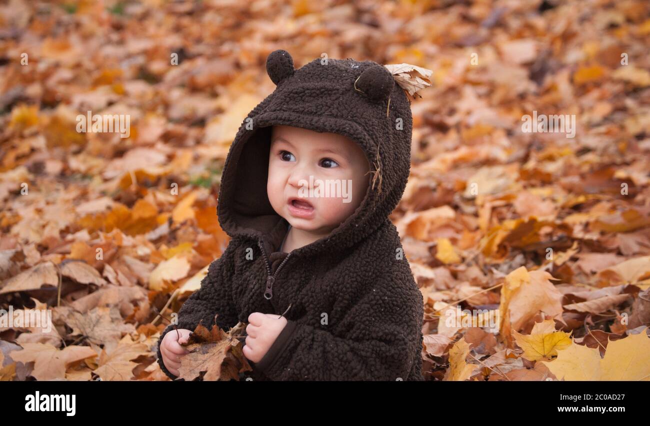 Bébé fait des visages jouant dans les feuilles d'automne Banque D'Images