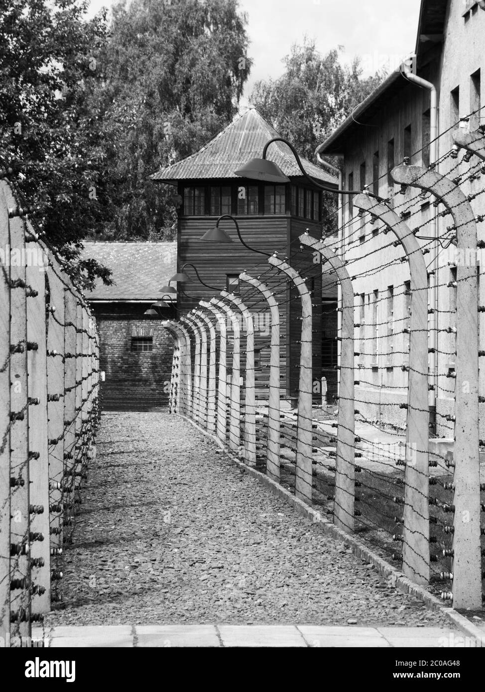 Camp de concentration d'Auschwitz, Oswiecim, Pologne, photo en noir et blanc Banque D'Images